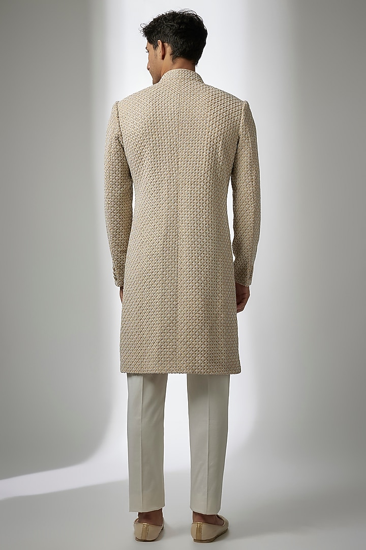 Champagne Chanderi Silk Embroidered Sherwani by ARJAN DUGAL at Pernia's Pop Up Shop