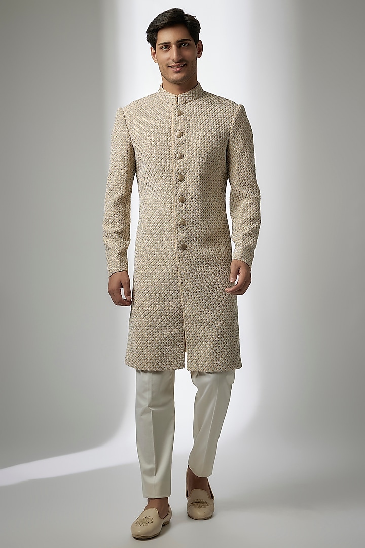 Champagne Chanderi Silk Embroidered Sherwani by ARJAN DUGAL at Pernia's Pop Up Shop