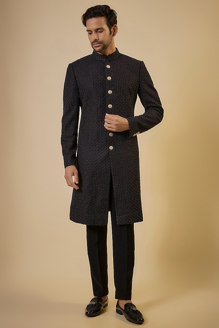 Black Silk Thread Embroidered Achkan Jacket by ARJAN DUGAL at Pernia's Pop Up Shop