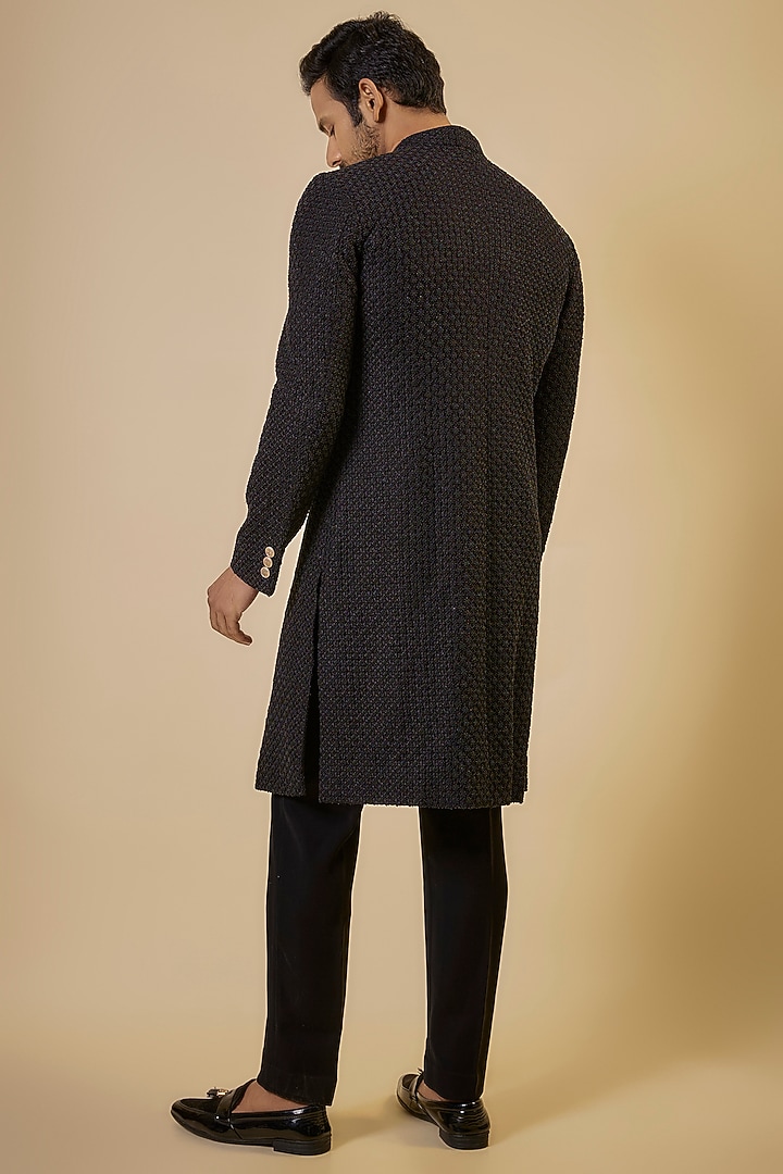 Black Silk Thread Embroidered Achkan Jacket by ARJAN DUGAL at Pernia's Pop Up Shop