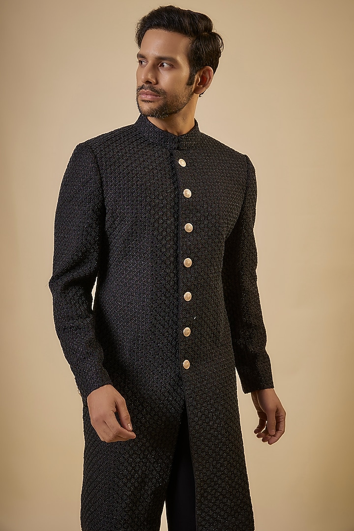 Black Silk Thread Embroidered Achkan Jacket by ARJAN DUGAL at Pernia's Pop Up Shop
