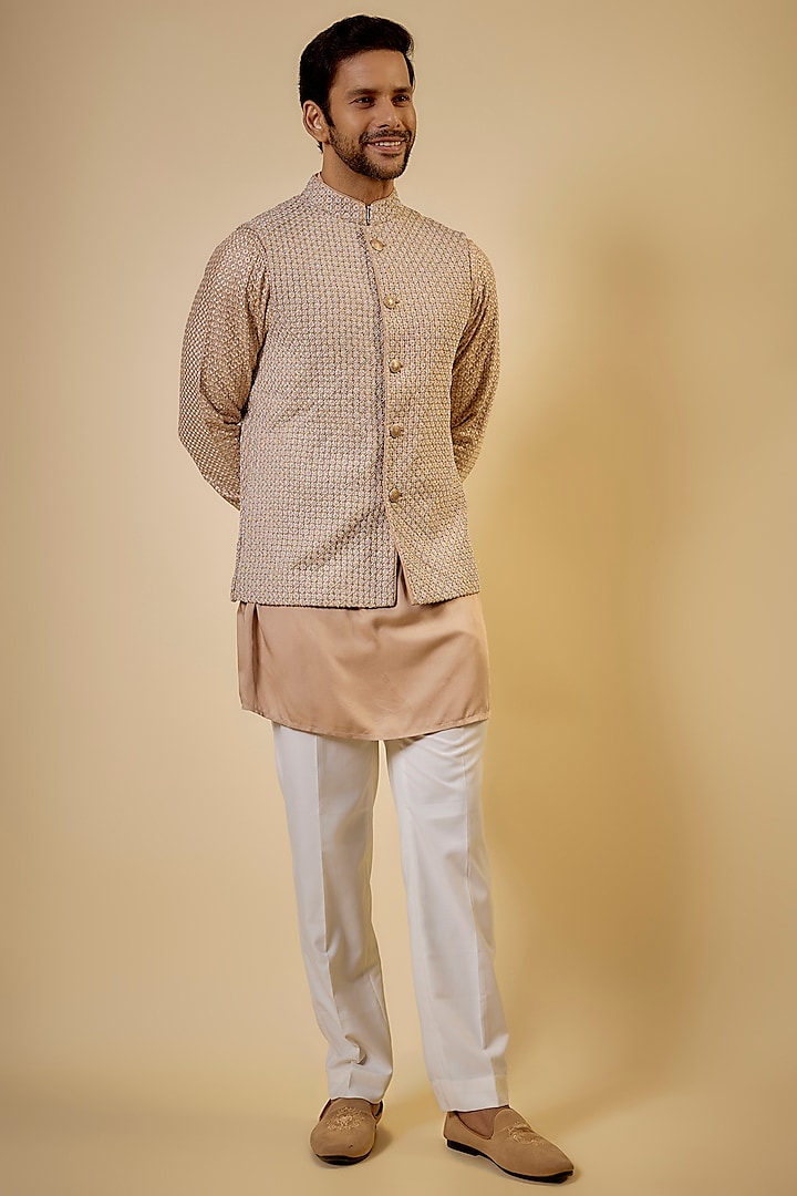 Champagne Chanderi Silk Embroidered Nehru Jacket Set by ARJAN DUGAL