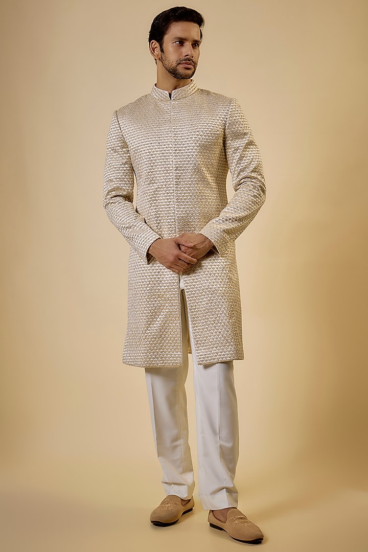 Champagne Chanderi Silk Embroidered Achkan Jacket by ARJAN DUGAL