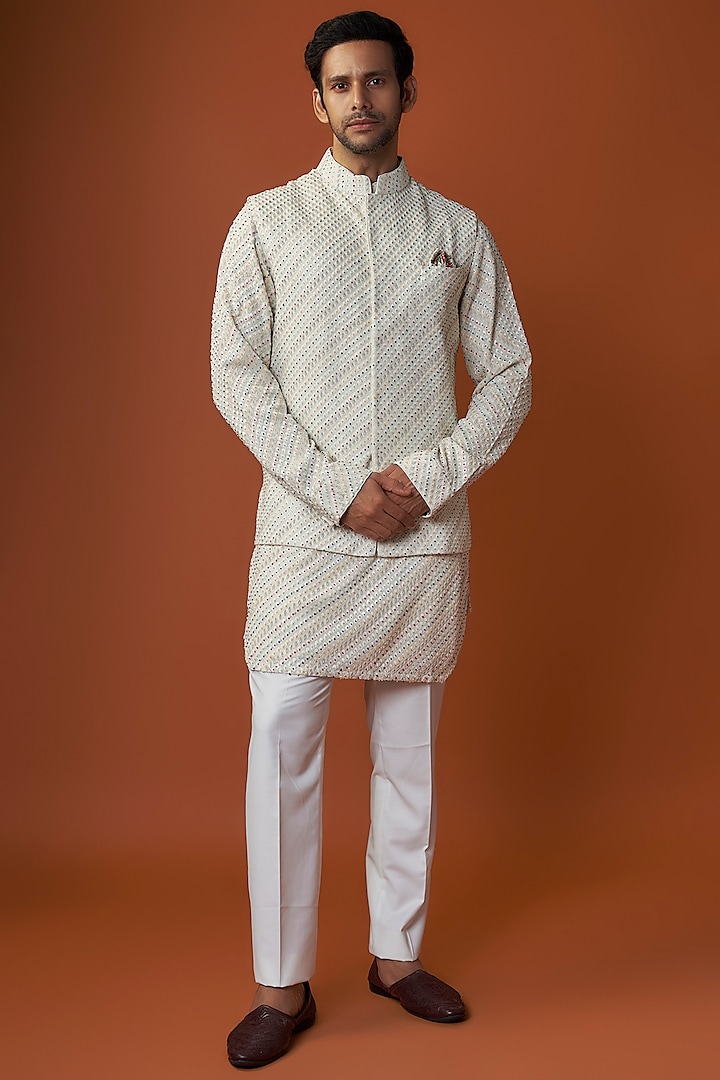 Off-White Georgette & Cotton Satin Kora Embroidered Nehru Jacket Set by ARJAN DUGAL