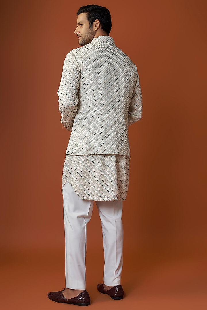 Off-White Georgette & Cotton Satin Kora Embroidered Nehru Jacket Set by ARJAN DUGAL at Pernia's Pop Up Shop