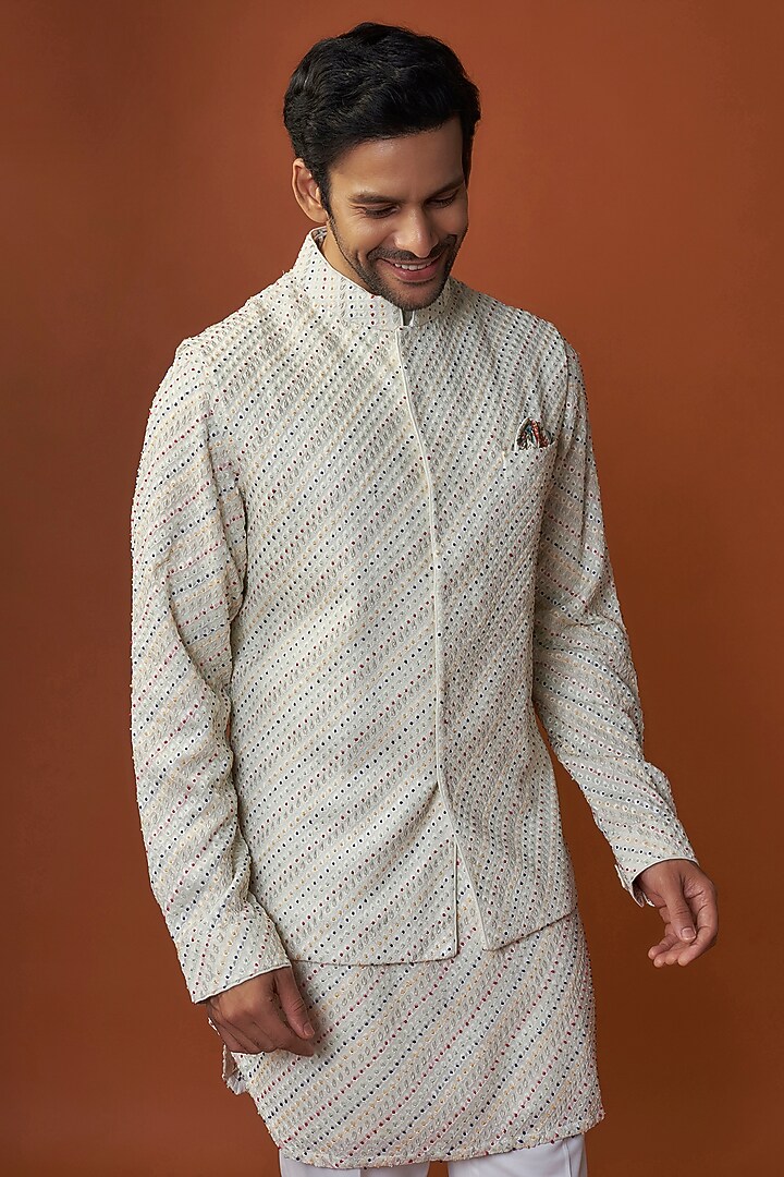 Off-White Georgette & Cotton Satin Kora Embroidered Nehru Jacket Set by ARJAN DUGAL at Pernia's Pop Up Shop