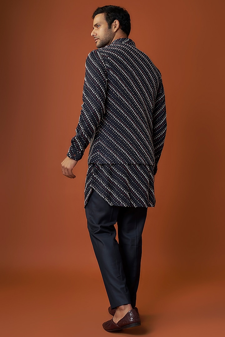 Navy Georgette & Cotton Satin Knot Hand Embroidered Nehru Jacket Set by ARJAN DUGAL at Pernia's Pop Up Shop