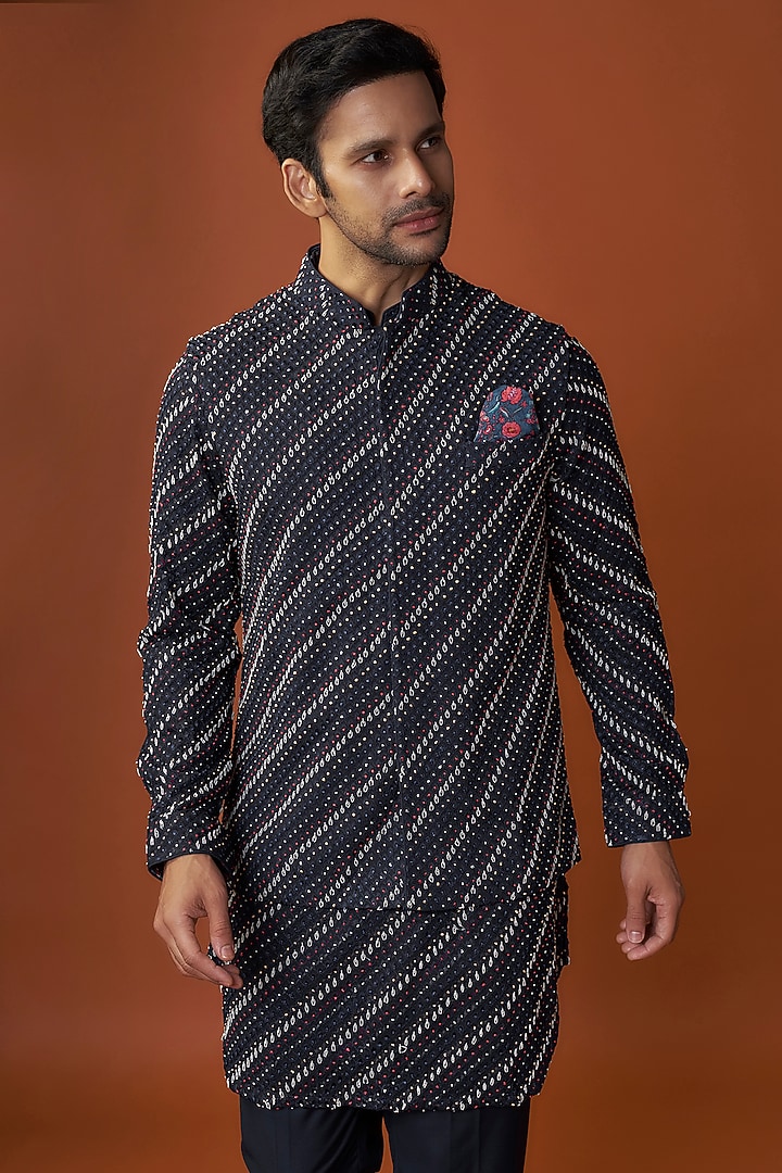 Navy Georgette & Cotton Satin Knot Hand Embroidered Nehru Jacket Set by ARJAN DUGAL at Pernia's Pop Up Shop