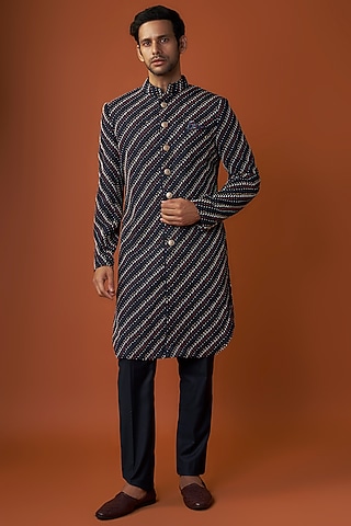 Navy Georgette & Cotton Satin Knot Hand Embroidered Achkan Jacket by ARJAN DUGAL