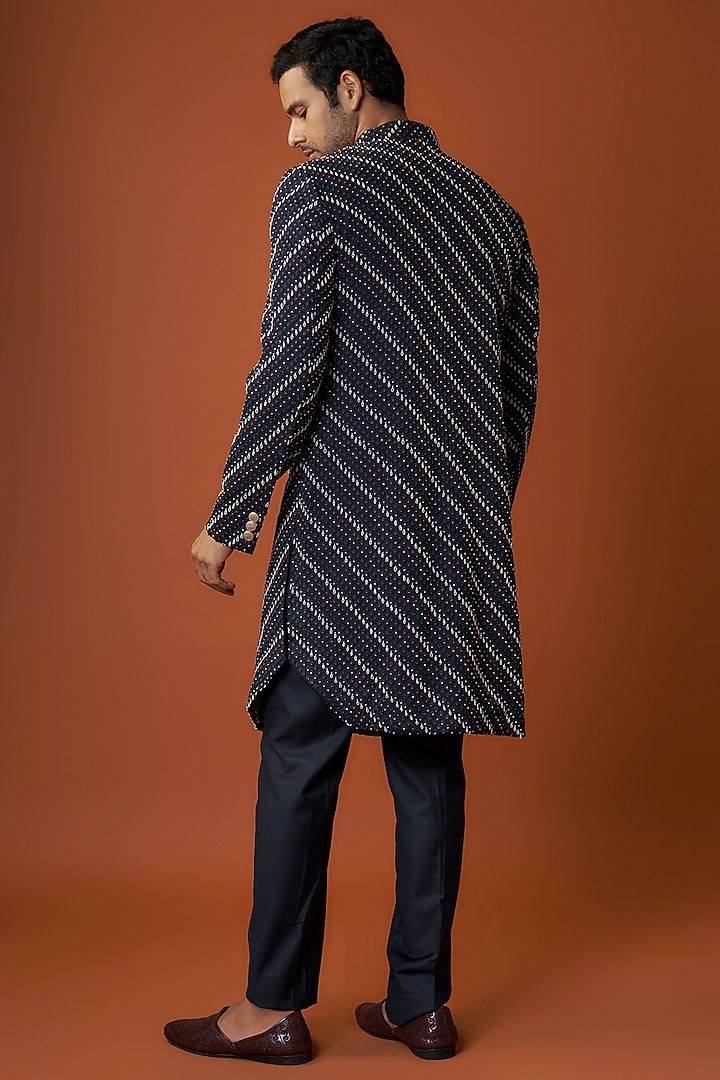 Navy Georgette & Cotton Satin Knot Hand Embroidered Achkan Jacket by ARJAN DUGAL at Pernia's Pop Up Shop