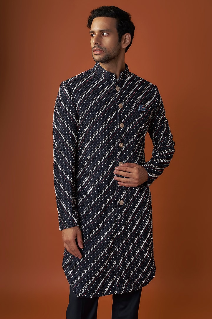 Navy Georgette & Cotton Satin Knot Hand Embroidered Achkan Jacket by ARJAN DUGAL at Pernia's Pop Up Shop