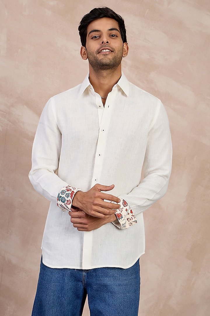 Grey Linen Floral Embroidered Shirt by ARJAN DUGAL