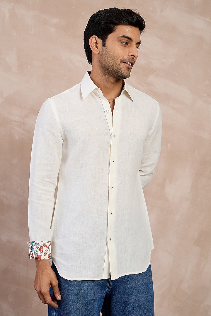 Grey Linen Floral Embroidered Party Wear Shirt by ARJAN DUGAL at Pernia's Pop Up Shop