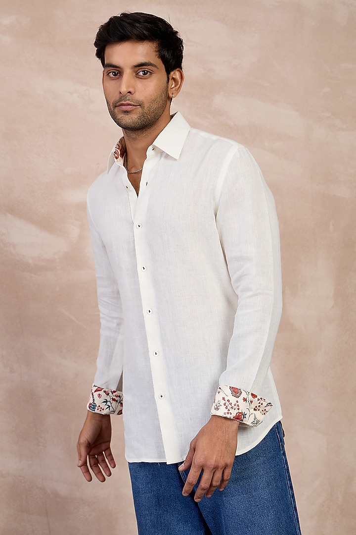 Grey Linen Floral Embroidered Party Wear Shirt by ARJAN DUGAL at Pernia's Pop Up Shop