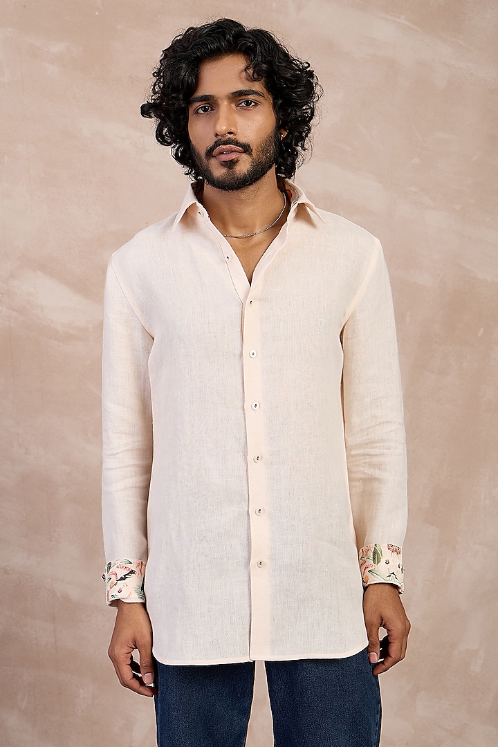 Botanical Peach Linen Floral Embroidered Shirt by ARJAN DUGAL