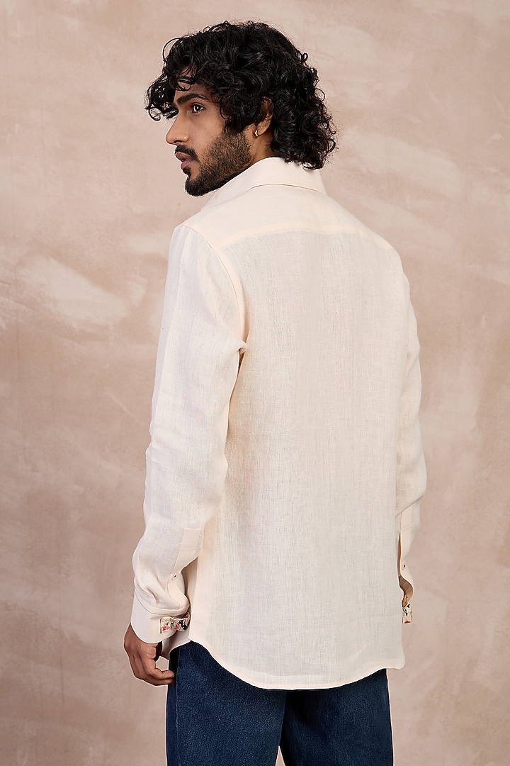 Botanical Peach Linen Floral Embroidered Party Wear Shirt by ARJAN DUGAL at Pernia's Pop Up Shop