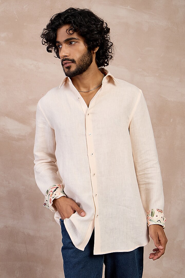 Botanical Peach Linen Floral Embroidered Party Wear Shirt by ARJAN DUGAL at Pernia's Pop Up Shop