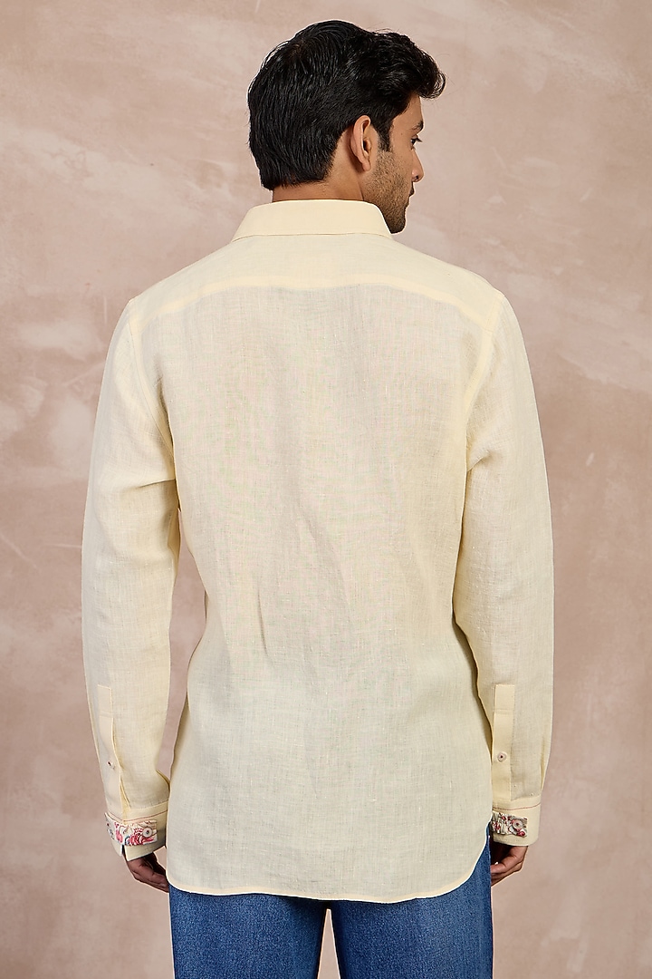 Butter Cream Linen Floral Embroidered Party Wear Shirt by ARJAN DUGAL at Pernia's Pop Up Shop