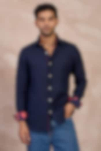 Navy Blue Linen Floral Embroidered Shirt by ARJAN DUGAL