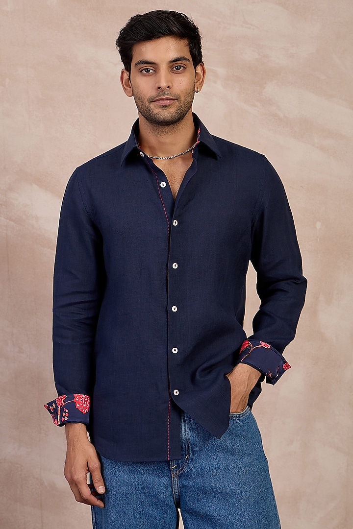 Navy Blue Linen Floral Embroidered Shirt by ARJAN DUGAL