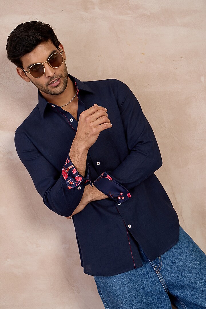 Navy Blue Linen Floral Embroidered Party Wear Shirt by ARJAN DUGAL at Pernia's Pop Up Shop