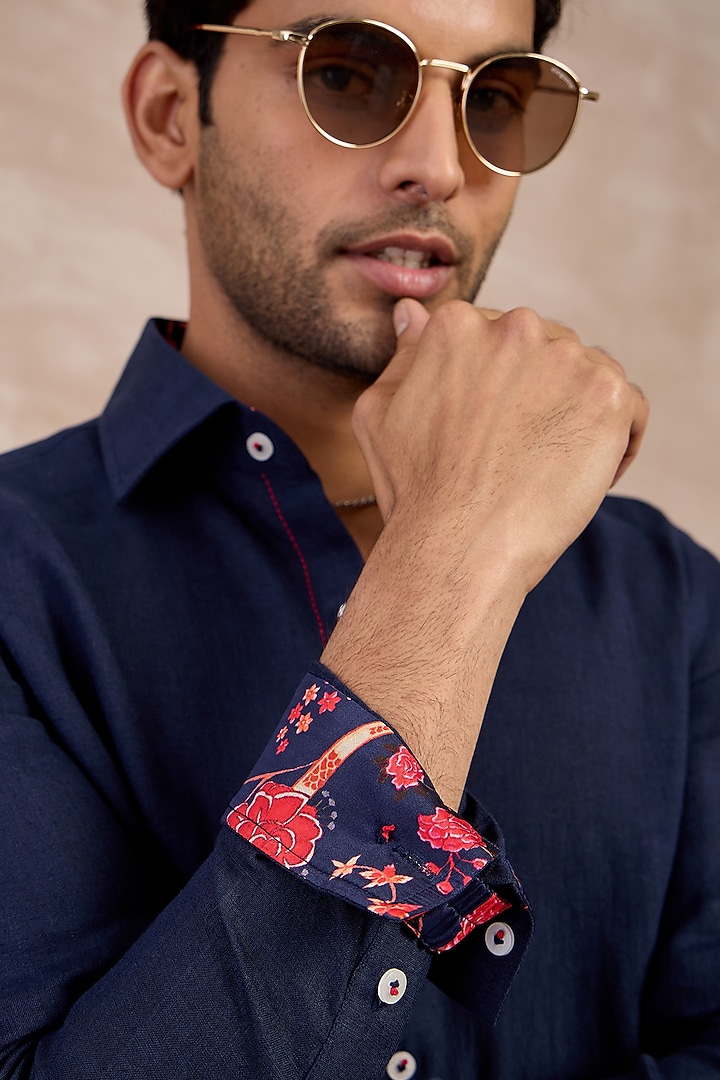 Navy Blue Linen Floral Embroidered Party Wear Shirt by ARJAN DUGAL at Pernia's Pop Up Shop