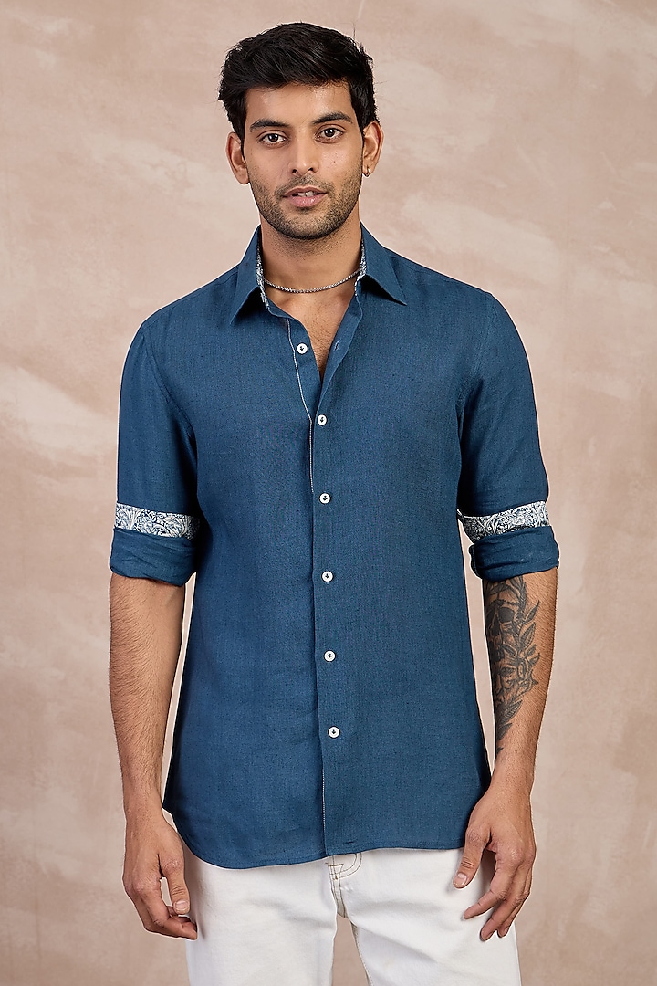 Teal Blue Linen Floral Embroidered Shirt by ARJAN DUGAL