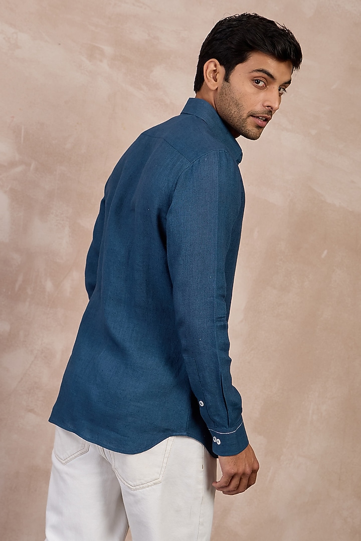 Teal Blue Linen Floral Embroidered Party Wear Shirt by ARJAN DUGAL at Pernia's Pop Up Shop