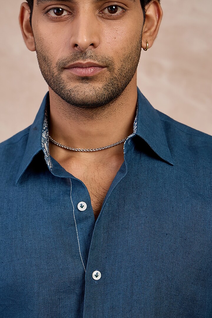 Teal Blue Linen Floral Embroidered Party Wear Shirt by ARJAN DUGAL at Pernia's Pop Up Shop