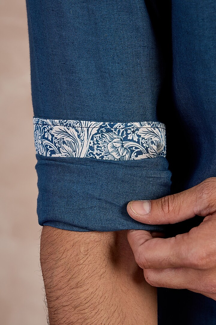Teal Blue Linen Floral Embroidered Party Wear Shirt by ARJAN DUGAL at Pernia's Pop Up Shop