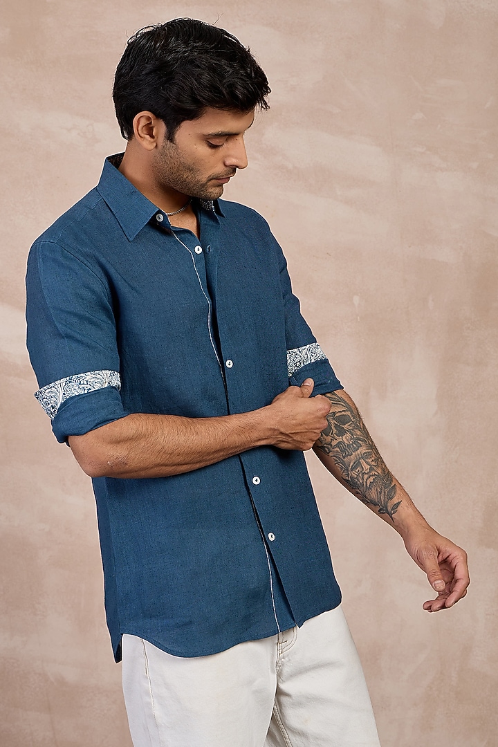 Teal Blue Linen Floral Embroidered Party Wear Shirt by ARJAN DUGAL at Pernia's Pop Up Shop