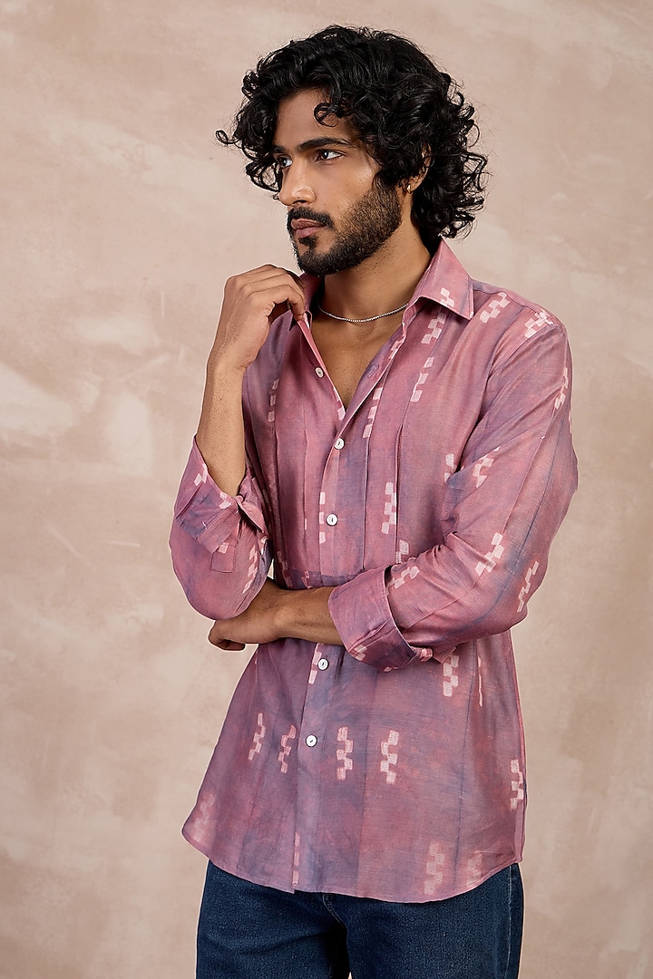 Lilac-Lego Bamboo Silk & Shibori Pleated Shirt by ARJAN DUGAL