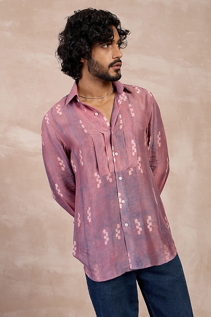 Lilac-Lego Bamboo Silk & Shibori Pleated Party Wear Shirt by ARJAN DUGAL at Pernia's Pop Up Shop