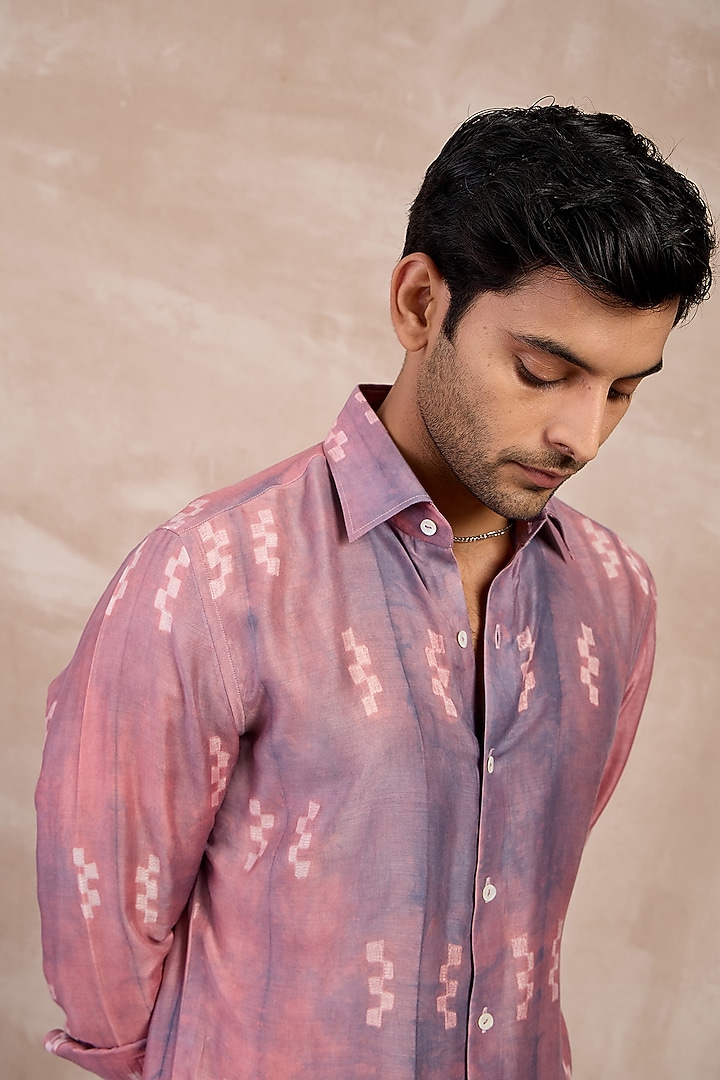 Lilac-Lego Bamboo Silk & Shibori Party Wear Shirt by ARJAN DUGAL at Pernia's Pop Up Shop