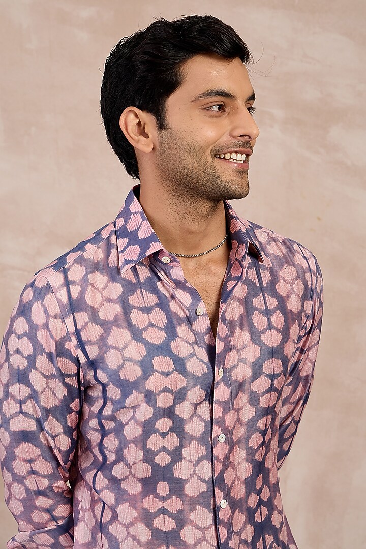 Lilac-Lego Bamboo Silk & Shibori Party Wear Shirt by ARJAN DUGAL at Pernia's Pop Up Shop