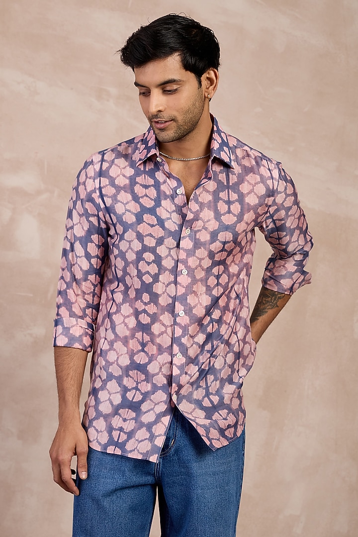 Lilac-Lego Bamboo Silk & Shibori Party Wear Shirt by ARJAN DUGAL at Pernia's Pop Up Shop