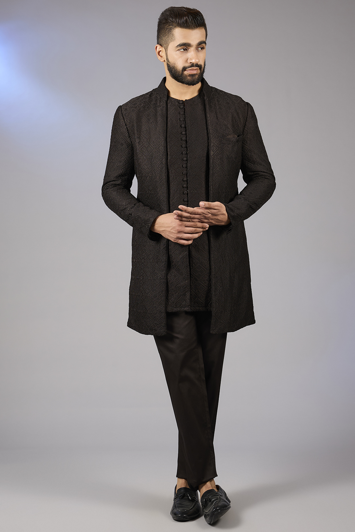 Black Chanderi Silk Indowestern Set by ARJAN DUGAL