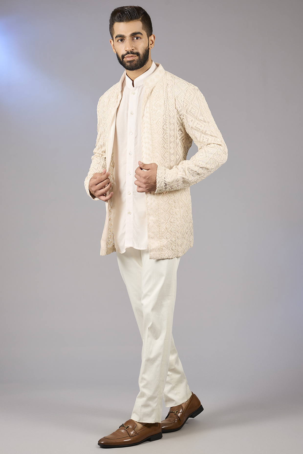 Powder Pink Silk Georgette Dori Embroidered Indowestern Set by ARJAN DUGAL