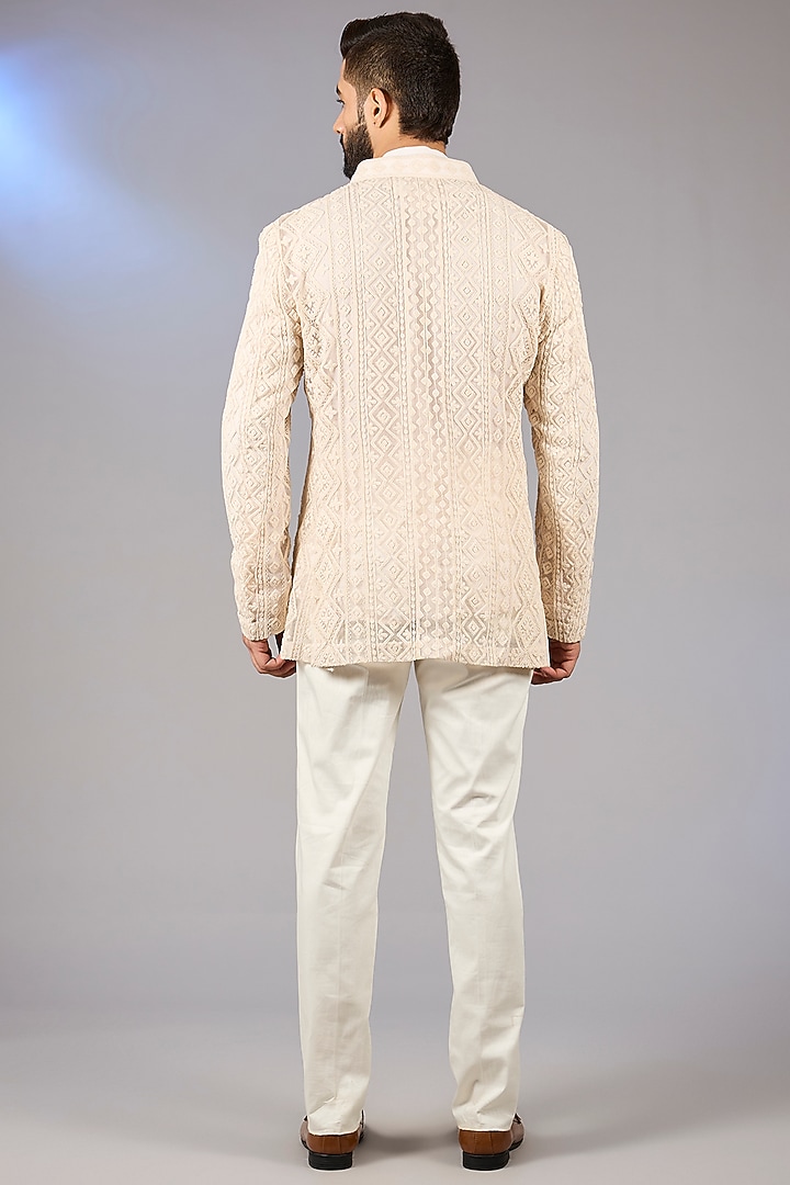 Powder Pink Silk Georgette Dori Embroidered Groom Indowestern Set by ARJAN DUGAL at Pernia's Pop Up Shop