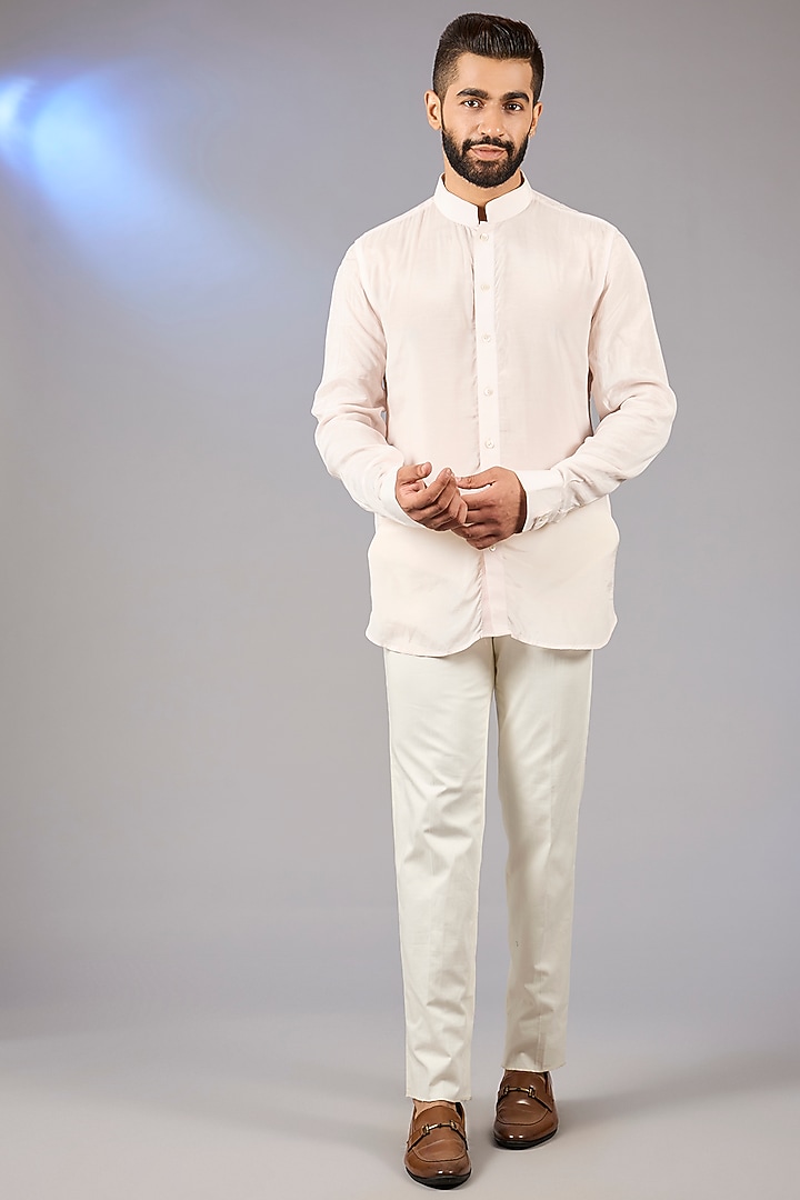 Powder Pink Silk Georgette Dori Embroidered Groom Indowestern Set by ARJAN DUGAL at Pernia's Pop Up Shop