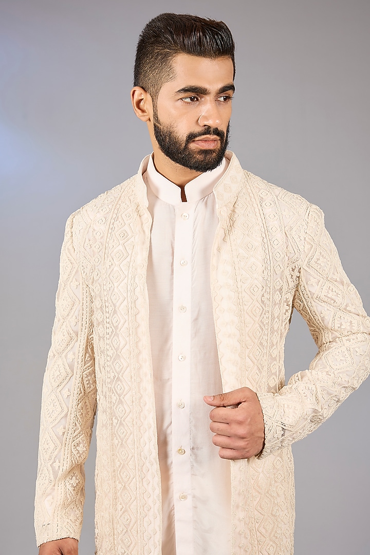 Powder Pink Silk Georgette Dori Embroidered Groom Indowestern Set by ARJAN DUGAL at Pernia's Pop Up Shop