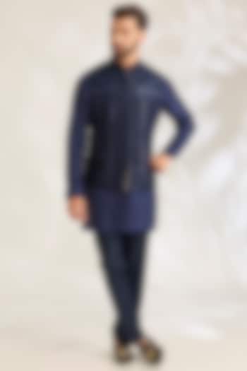 Navy Blue Silk Bundi Jacket by ARJAN DUGAL at Pernia's Pop Up Shop