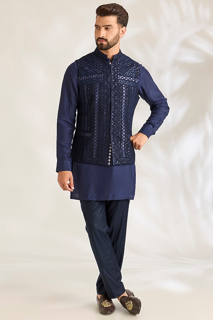 Navy Blue Silk Bundi Jacket by ARJAN DUGAL at Pernia's Pop Up Shop