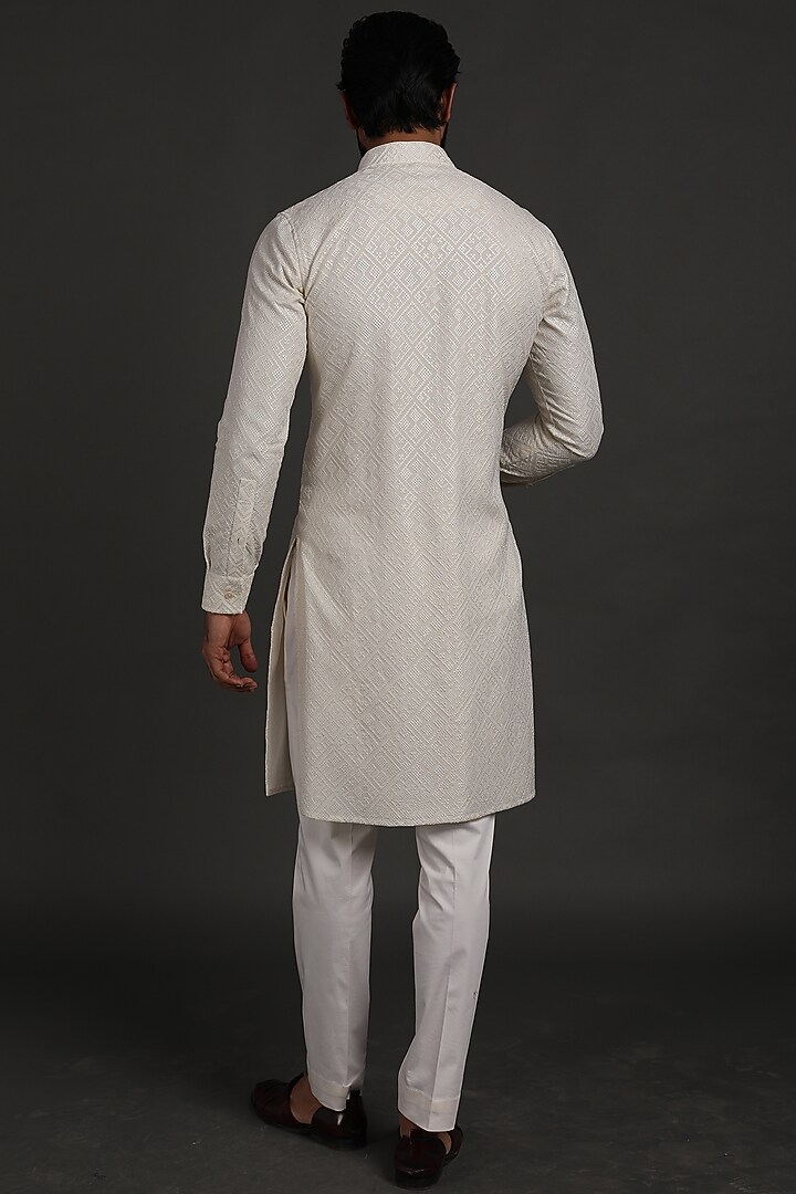 White Chanderi Silk Embroidered & Printed Kurta Set by ARJAN DUGAL at Pernia's Pop Up Shop
