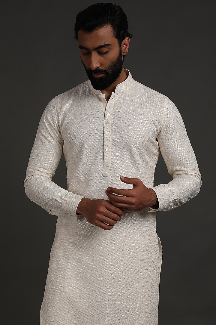 White Chanderi Silk Embroidered & Printed Kurta Set by ARJAN DUGAL at Pernia's Pop Up Shop