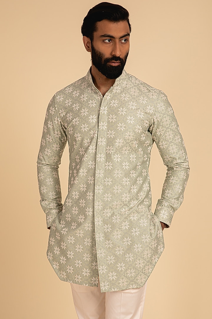 Mint Green Chanderi Silk Printed Kurta Set by ARJAN DUGAL at Pernia's Pop Up Shop