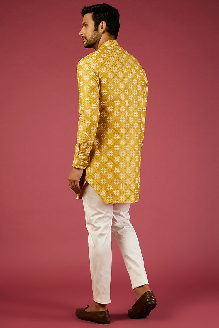 Yellow Chanderi Silk Embroidered & Printed Kurta Set by ARJAN DUGAL at Pernia's Pop Up Shop