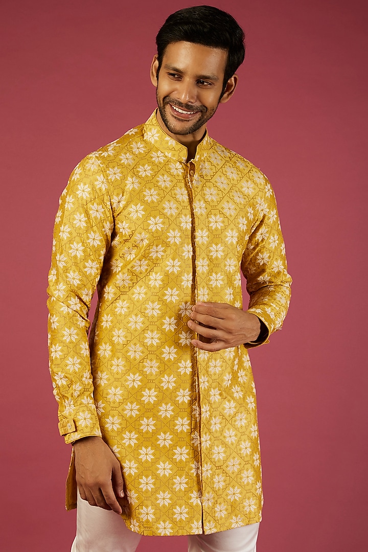 Yellow Chanderi Silk Embroidered & Printed Kurta Set by ARJAN DUGAL at Pernia's Pop Up Shop