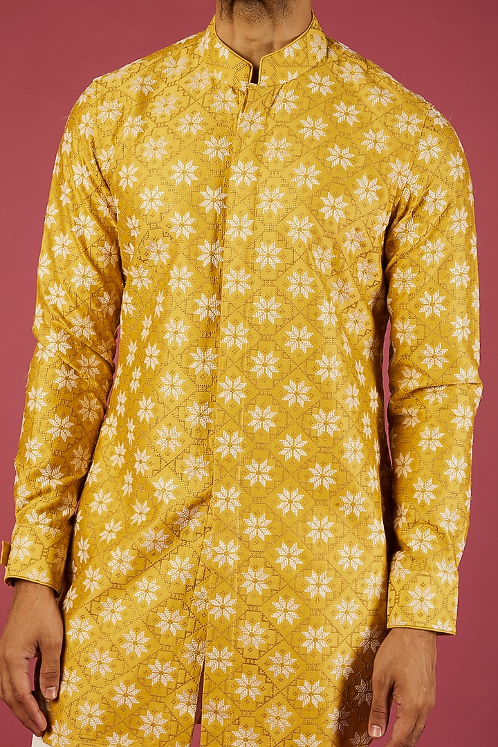 Yellow Chanderi Silk Embroidered & Printed Kurta Set by ARJAN DUGAL at Pernia's Pop Up Shop
