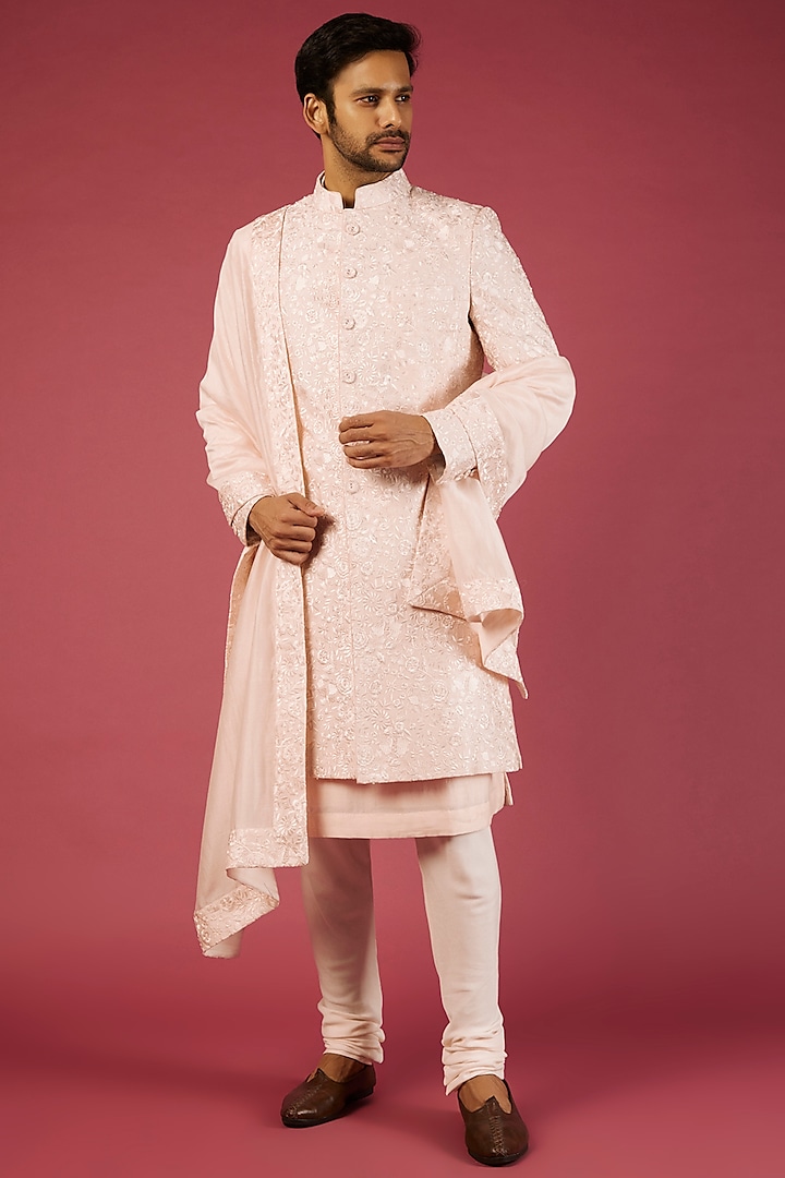 Blush Pink Embroidered Sherwani Set by ARJAN DUGAL